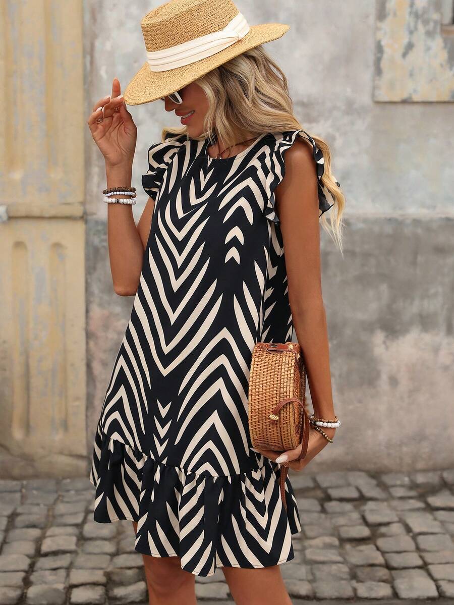 Brillora 女士休闲优雅浪漫沙滩印花宽松圆领连衣裙，女士黑色连衣裙和女士白色连衣裙 - 黑與白 - 查看 1