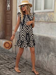 Brillora 女士休闲优雅浪漫沙滩印花宽松圆领连衣裙，女士黑色连衣裙和女士白色连衣裙 - 黑與白 - 查看 7