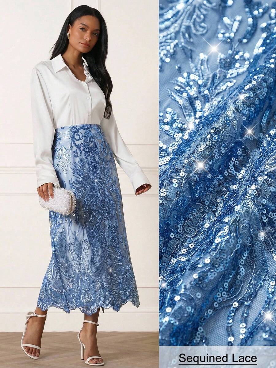 Lilora Women's Elegant Lace Beaded Skirt, Fashionable Summer Elegant And Sophisticated New Styles, Suitable For Outings, Commuting, Everyday Casual Wear, Parties, Dates, Gatherings, Outings, Holidays, Vacations, And Holiday Travel. Sequin Skirt Blue Skirts For Women Lace Maxi Skirt Blue Sequin Skirt Sequined Lace Skirt Long Skirts For Women Blue Lace Skirt Blue Sequined Skirt Skirt For Women Maxi Sequin Skirt - Blue - View 1