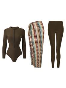 Swim Mulvari Đầm dệt kim dự tiệc ngày lễ, đầm đi biển đón năm mới, đầm đi biển gợi cảm với chân váy xòe, đầm đi biển kẻ sọc khoét lỗ cho mùa đông Giáng sinh, bộ bikini Burkini 3 mảnh không gọng thanh lịch mùa hè dành cho nữ, bộ đồ bơi Burkini Trung Đông - màu nâu - Xem 6