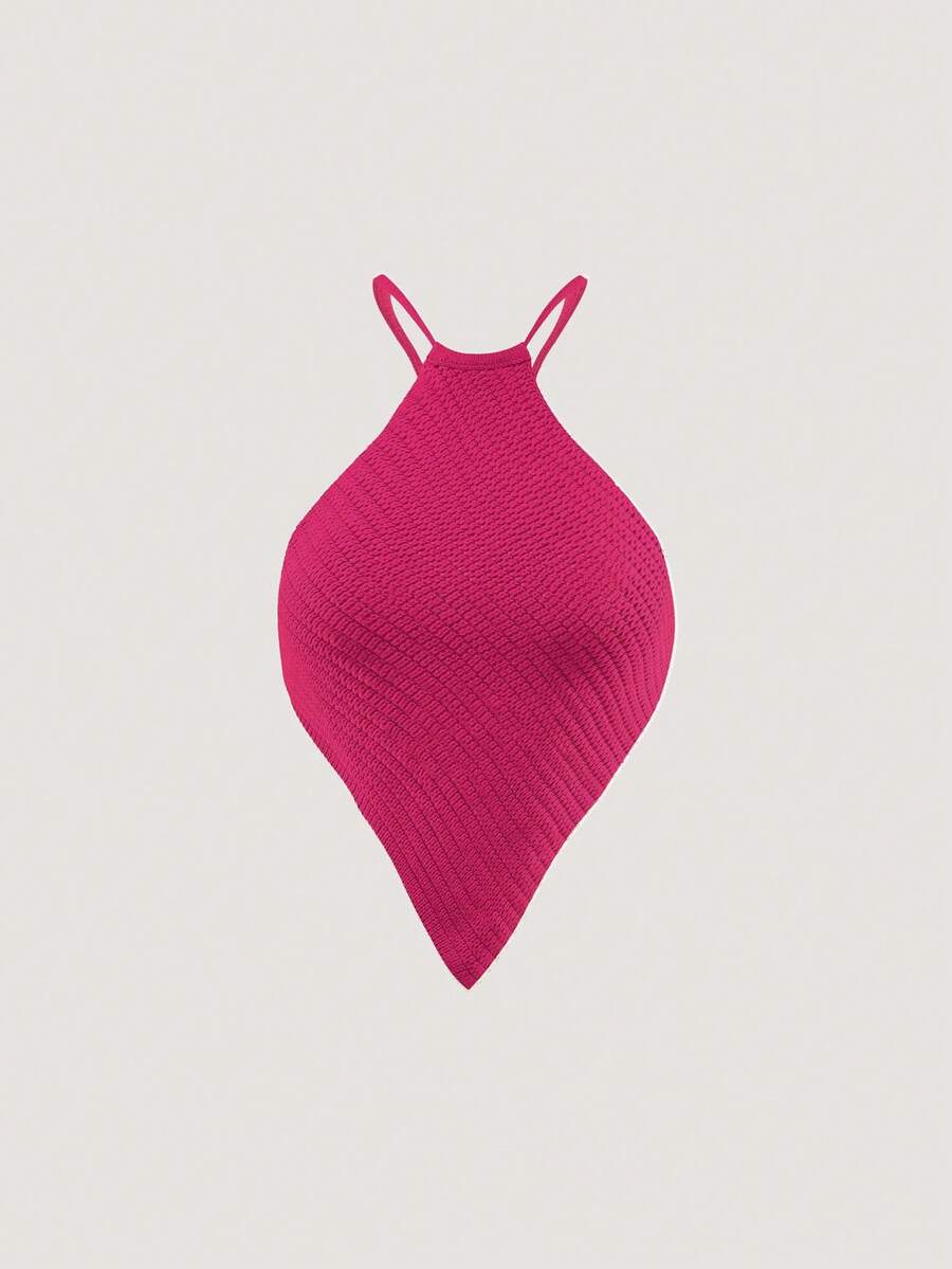 Olithes Blusa de punto casual con cuello halter y bajo asimétrico de unicolor para mujer - Rosa Fucsia - Ver 1