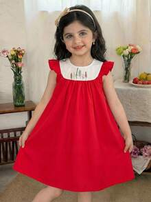 SHEIN Young Girl Casual Versatile Floral Pattern Round Neck Ruffle Trim Contrast Color Dress,Kids - Red - View 2