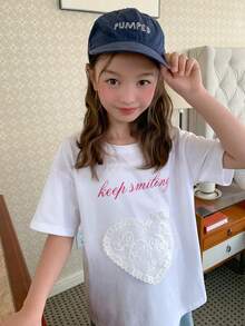 Dazy Kids Tween Girl Heart Decor Letter Print Short Sleeve T-Shirt Summer - Navy Blue - View 1