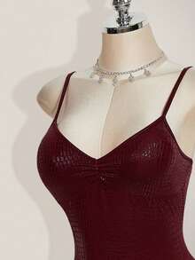 SHEIN ICON Y2k 女式外出哥特酒红色 Coachella 俱乐部褶皱设计性感吊带紧身连体裤，夏季 - 酒紅色 - 查看 10