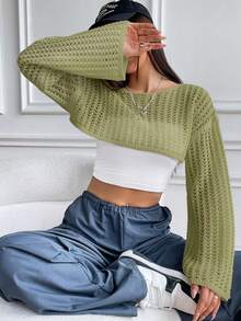 SHEIN Unity Sexy Loose Drop Shoulder Long Sleeve Cropped Women Sweater - Green - View 6
