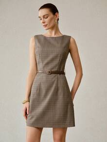 MOTF PREMIUM 格子无袖优雅通勤系带休闲短裙 - 咖啡 - 查看 4
