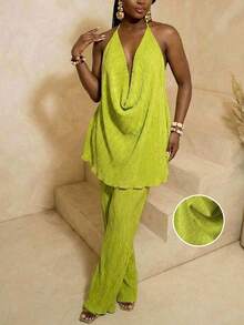 BamGleam 活力度假风褶皱套装，荧光黄褶皱套装 - 露背深V吊带上衣 + 飘逸阔腿裤两件套，夏季海滩度假时尚装扮 - 綠色 - 查看 6