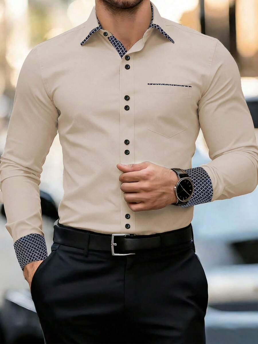 Manfinity Mode Camisa casual de manga larga con estampado para hombre - Caqui - Ver 1