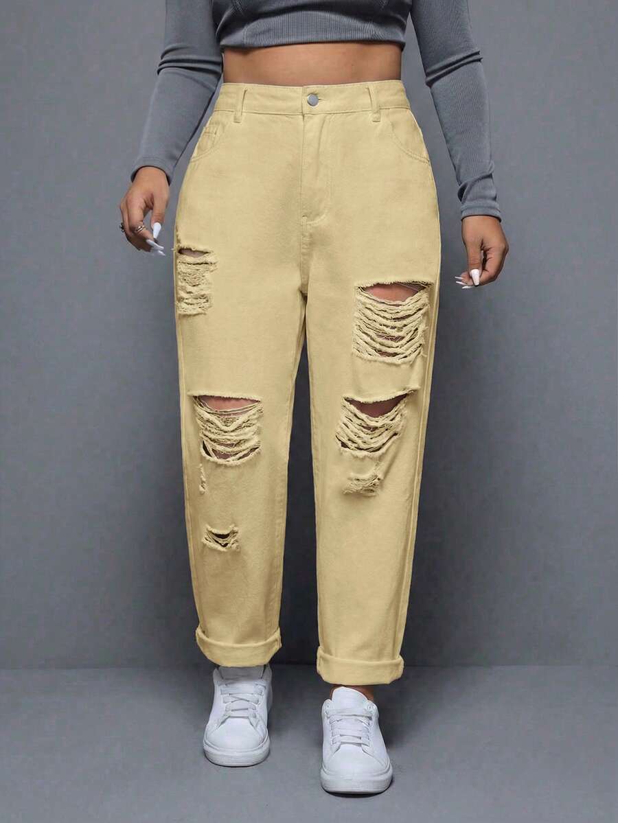 SHEIN ICON 大码女式口袋纽扣做旧休闲百搭日常牛仔裤 - 卡其色 - 查看 1