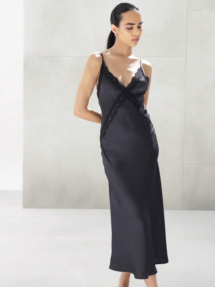 KSTM Satin Slip Dress With Lace Trim V-Neck Sleeveless Midi Length Evening Cocktail Dress Open Back Design