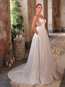 Glamrae Petite Đầm maxi satin trắng thanh lịch, tối giản, cổ chữ V, hở lưng, thắt nơ điều chỉnh được, có túi bên hông và đuôi váy dài, thích hợp làm đầm cưới. - trắng - Xem 3