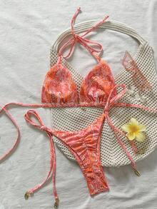 Swim Vcay Springbreak Women's Summer Beach Shell Print Halter Tie Sexy Bikini Swimsuit Set - Multicolor - View 2