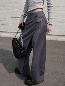 Siren Gaze Women's Casual Dark Grey Layered Design Suit Pants, Autumn/Winter Dress Pants High Waist Pants Pants Wide Leg Grey Pants - Grey - View 6