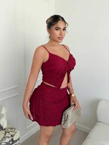 Maria Perezxox 2 件荷叶边吊带背心和荷叶边下摆 A 字迷你裙套装，优雅时尚女士春夏装 - 酒紅色 - 查看 5