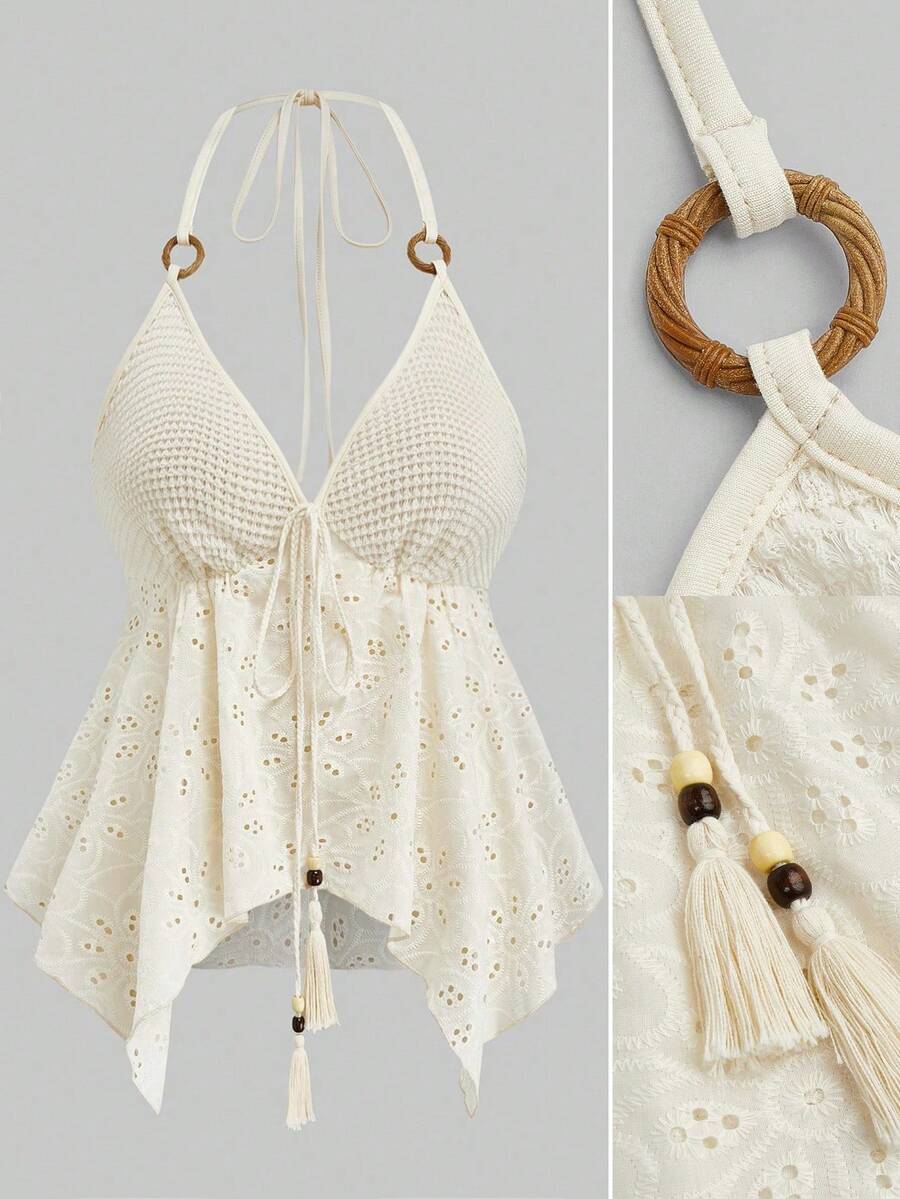 Sweetra Plus Size V-Neck Spaghetti Strap Crochet Lace Fringe Elegant Vintage Cute Vacation Beach Apricot A-Line Camisole - Apricot - View 1