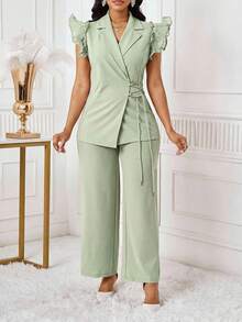 SHEIN Lady Conjunto de traje de mujer con blazer de manga con volantes rosa y pantalones elásticos de cintura alta para otoño/invierno - verde menta - Ver 4