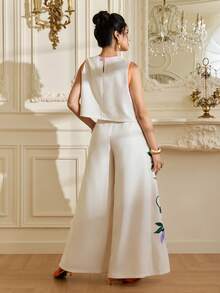 LOTSLUV Conjunto de 2 peças com Top Cropped Solto de Algodão Verde com Estampa Floral de Peônia de Gola Redonda e Sem Mangas e Calça Casual de Perna Larga, Primavera/Verão - Branco - Visão 2