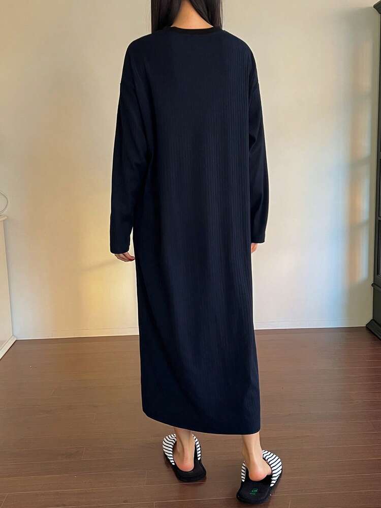 Women's Loose Fit T-Shirt Dress With Woven Label Decor, Casual Loungewear, Autumn/Winter