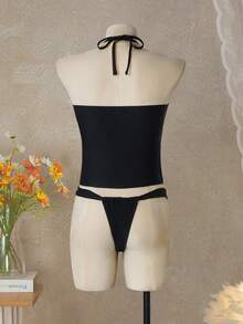 Swim Glamine 女士纯色铆钉装饰露背吊带上衣和三角泳裤套装 - 黑色 - 查看 8