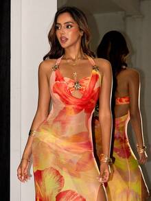 SHEIN ICON Sexy Floral Print Draped Neck Dress With 2 In 1 Design, Suitable For Vacation - Orange - View 4