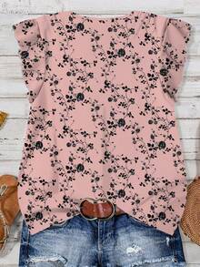 EMERY ROSE Plus Size Casual Floral Print Shirt, Suitable For Summer - Dusty Pink - View 2