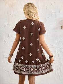 Breezaya Women's Boho Brown Floral Embroidered Dress,Summer V-Neck Short Sleeve A-Line Loose Fit Vacation Beach Dress,Elegant Party Holiday Outing Dresses - Brown - View 2