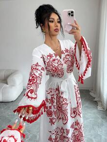 Elenzga Eastern European Retro Print Red & White Contrast Fringe Trim V-Neck Cinched Waist Maxi Dress, Vacation Style - Red and White - View 3