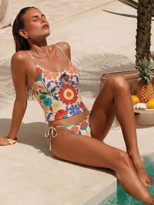 Swim Chiccia New European And American Summer Vacation Spaghetti Strap Floral Placement Print Tie-Front Tankini Swimwear Set - Multicolor - View 4