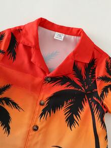 SHEIN Bộ áo sơ mi ngắn tay và quần short in hình cây dừa phong cách nghỉ mát mùa xuân/hè cho bé trai và bé gái, bộ đồ đi nghỉ mát cho bé, phong cách Hawaii. - trái cam - Xem 5
