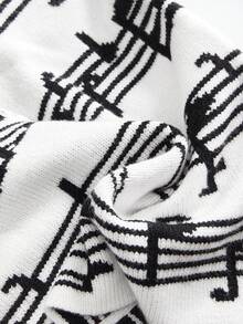 ROMWE Avant Women's Y2K Musical Note All-Over Print Deep V-Neck Knit Top - Black and White - View 4