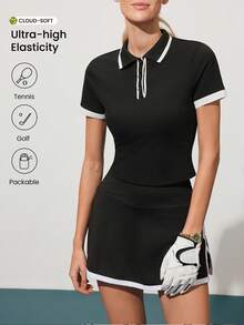 SHEIN Sports 女士撞色 Polo 领罗纹修身短袖上衣，适合日常运动、网球、高尔夫等休闲场合穿着 - 黑色 - 查看 1