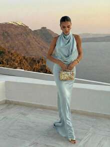 Firerie Đầm maxi đuôi cá cổ cao hở lưng màu xanh nhạt xếp nếp dành cho nữ - Màu xanh nhạt - Xem 4