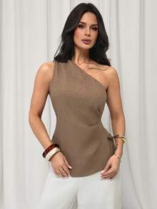 Firerie 女士优雅简约日常通勤衬衫，浅棕色卡其色不对称肩部褶皱不对称下摆修身上衣，度假装、时尚百搭、机场穿搭、复古风格、工作装 - 棕色 - 查看 6