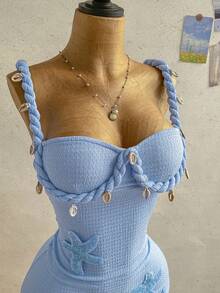 Soleia 春夏新款休闲度假西部海滩婚礼宾客着装毕业早午餐圣帕特里克节春假复活节音乐节优雅波西米亚热带风情编织亮片闪亮针织纹理连衣裙女装 - 淺藍色 - 查看 3