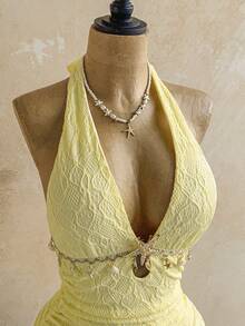 Soleia Đầm dự tiệc cưới phong cách miền Tây, dự lễ tốt nghiệp, tiệc brunch, ngày lễ Thánh Patrick, kỳ nghỉ xuân, lễ Phục sinh, lễ hội âm nhạc, thanh lịch, phong cách Boho, nhiệt đới, hở lưng, lãng mạn, dự tiệc Valentine, đầm ngắn xếp ly cho nữ. - Vàng nhạt - Xem 4