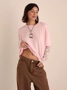Easelle Women's Color Block Lace Patchwork Crew Neck Long Sleeve T-Shirt Casual Summer Spring Going Out Pink Top - Pink - View 6