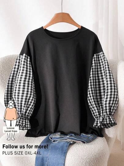 CosyJoli 大码女式拼接T恤，休闲女装，格子短袖上衣