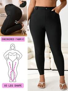 Solflare 2026Plus Size Fashion Casual Solid Color Slant Pocket Skinny Pants - Black - View 1
