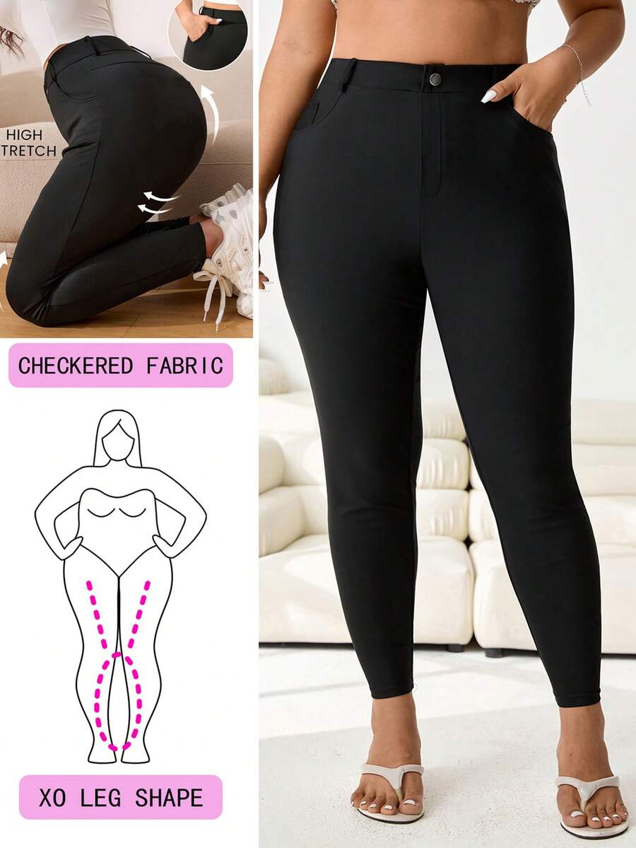 Solflare 2026Plus Size Fashion Casual Solid Color Slant Pocket Skinny Pants - Black - View 1