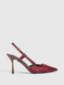 CUCCOO SZL Women's Pointed Toe High Heel Black Mesh Rhinestone Embellished Fashionable Sexy Glamorous Party Occasion Stilettos With Ankle Strap Spring Shoes - burgundy mirror - View 6