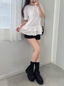FRIFUL Áo thun nữ cổ tròn tay ngắn in chấm bi, viền bèo nhún, kiểu dáng thường ngày. - trắng - Xem 2