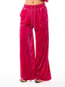 BABYPHAT Wide Leg Velour Joggers With Rhinestones Relaxed Fit Drawstring Waistband Luxurious Soft Texture Comfortable Loungewear Casual Pants - Pink - View 2