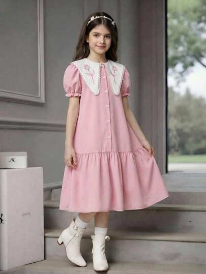 SHEIN Tween Girl Graphic Print Decorated Ruffle Collar Button Front Puff Sleeve A-Line Dress, Suitable For Everyday Wear, Spring/Summer
