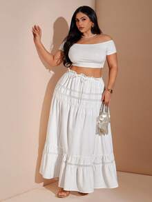 SHEIN BAE 大码女式白色蕾丝拼接A字裙，长裙，夏季，裙子，西部风女装，牛仔风女装，乡村音乐会风格女装，复活节女装，夏季，夏季，女装裙子，夏季女装，女装裙子，裤装裙，大码女装裙子，大码女装裙子，白色裙子 - 白色 - 查看 1