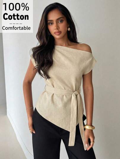 Aloruh 女士纯色杏色不对称设计不对称领无袖衬衫，舒适棉质系带腰身衬衫，夏季，返校季，女教师款