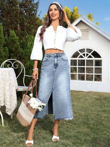 Breezaya 女士夏季度假开衩牛仔迷你裙 - 淺色水洗藍 - 查看 4