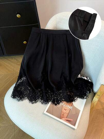 GlowEve CURVE Plus Size Women Waist Cinched Lace Shiny Fabric Elegant A-Line Skirt