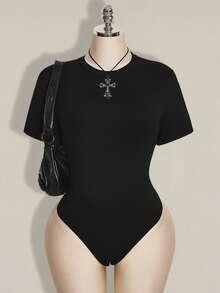 SHEIN ICON 女士加大码春夏复古性感时尚个性现代都市前卫大胆千禧风Y2K龙纹植绒网眼拼接黑色针织修身连体衣 - 黑色 - 查看 2