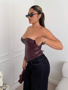 Maria Perezxox 女士时尚性感纯色后背交叉抹胸上衣 - 酒紅色 - 查看 4