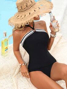 Brillora Women's Black And White Stripe One Piece Bathing Suits, Coastal Chic Coastal Summer Holiday Swimwear, Conservative Tummy Control Spaghetti Strap Beach - Black and White - View 5